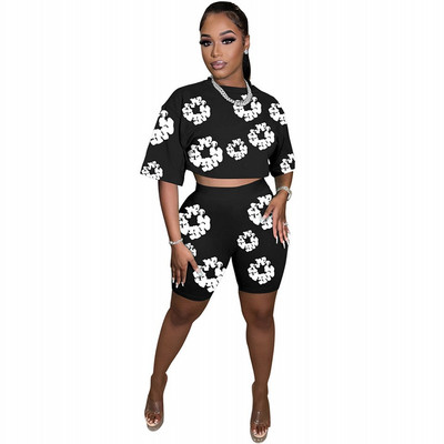 2 részes szexi 2024-es nyári tavaszi divatos női szett, női felsők nyomtatott rövid ujjú póló és elasztikus derékú rövidnadrág öltöny