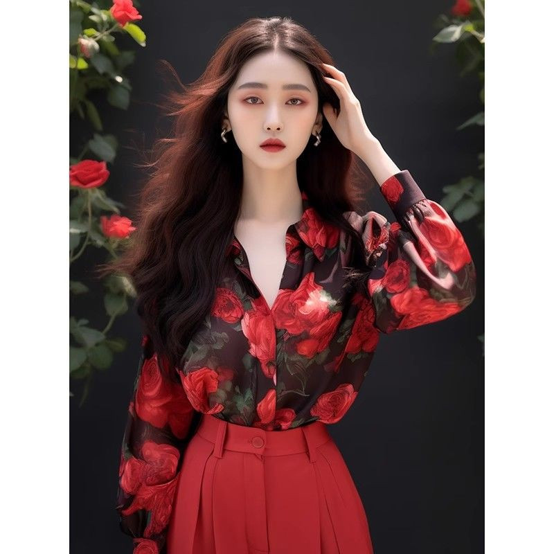 Sieviešu apģērbi Vintage nolaižamā apkakle un krekli ar garām piedurknēm Sieviešu temperaments Interjers Apģērbs Vasaras Vispārīgi apdrukas topi