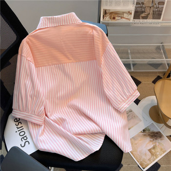 Сладки ризи Дамски момичешки стилни фалшиви летни дрехи от две части Вертикални райета Kawaii Aesthetic Kpop Chic Рубашки Baggy S-4XL