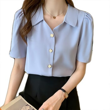 Ежедневни едноцветни дамски ризи Топове 2021 Лято Нови дамски шифонени блузи с къс ръкав Офис дамски широки дрехи с V-образно деколте и копчета S-XL