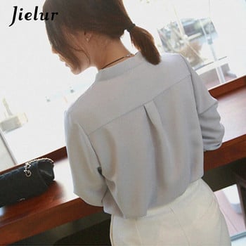 Jielur Нови шифонени бели дамски блузи с V-образно деколте с дълъг ръкав Пролетна риза High Street Дамски топ Chemisier S-XXL Едноцветен
