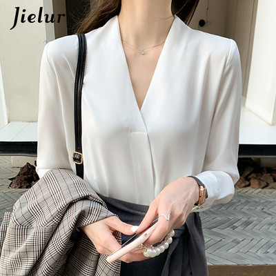 Jielur új sifon fehér V-nyakú női blúzok hosszú ujjú tavaszi High Street ing női felső Chemisier S-XXL egyszínű