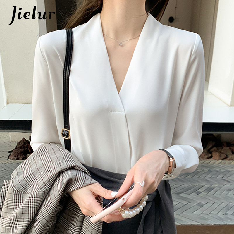 Jielur új sifon fehér V-nyakú női blúzok hosszú ujjú tavaszi High Street ing női felső Chemisier S-XXL egyszínű
