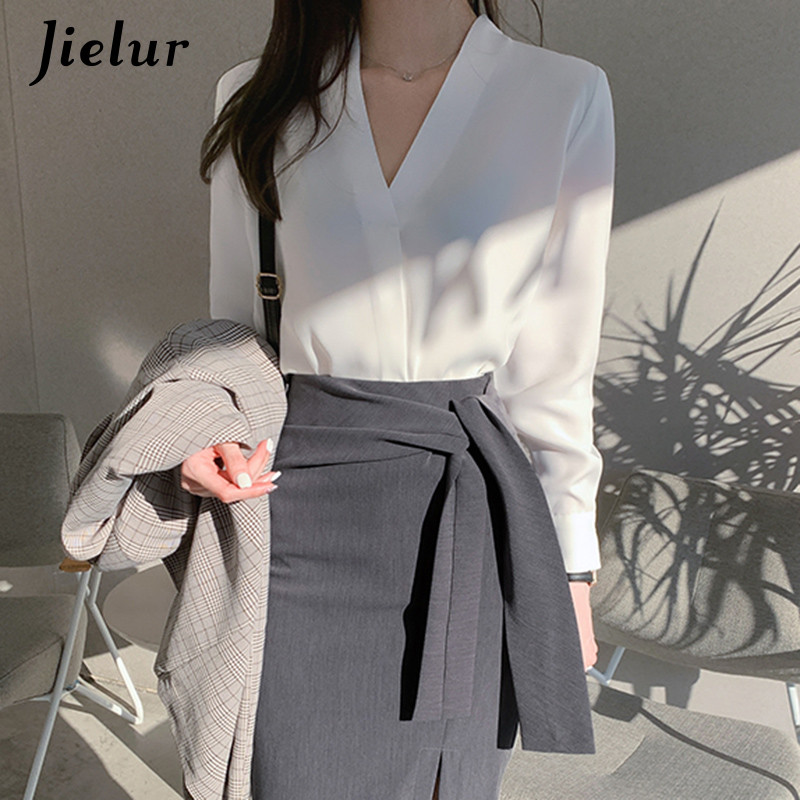 Jielur új sifon fehér V-nyakú női blúzok hosszú ujjú tavaszi High Street ing női felső Chemisier S-XXL egyszínű