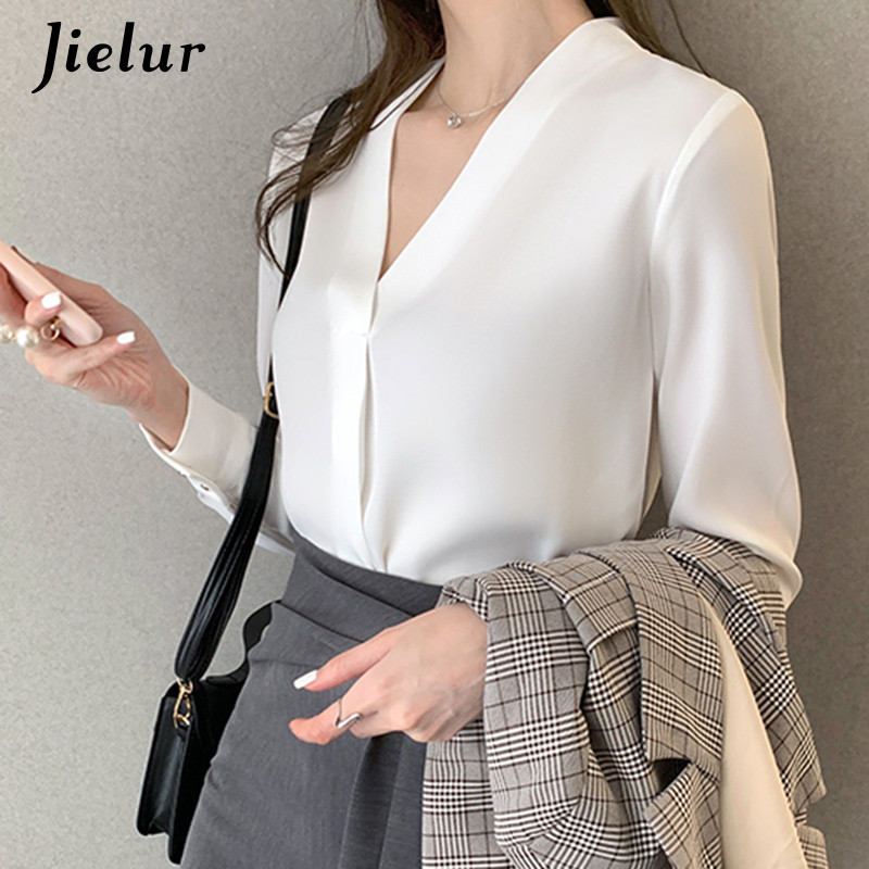 Jielur új sifon fehér V-nyakú női blúzok hosszú ujjú tavaszi High Street ing női felső Chemisier S-XXL egyszínű