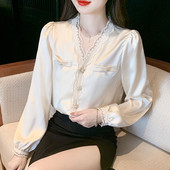 Bluză din șifon pentru femei de primăvară cu mâneci lungi Cămașă Topuri Bluză cu decolteu în V din dantelă pentru femei Blusa Mujer Moda 2024 Cămăși Blusa H486