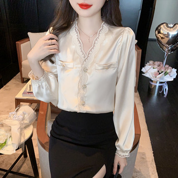 Пролетна дамска шифонена блуза с дълъг ръкав Риза с топове Модна дантелена блуза с V-образно деколте Дамски Blusa Mujer Moda 2024 Ризи Blusa H486