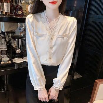 Пролетна дамска шифонена блуза с дълъг ръкав Риза с топове Модна дантелена блуза с V-образно деколте Дамски Blusa Mujer Moda 2024 Ризи Blusa H486