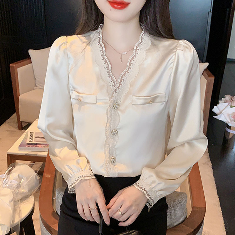 Bluză din șifon pentru femei de primăvară cu mâneci lungi Cămașă Topuri Bluză cu decolteu în V din dantelă pentru femei Blusa Mujer Moda 2024 Cămăși Blusa H486