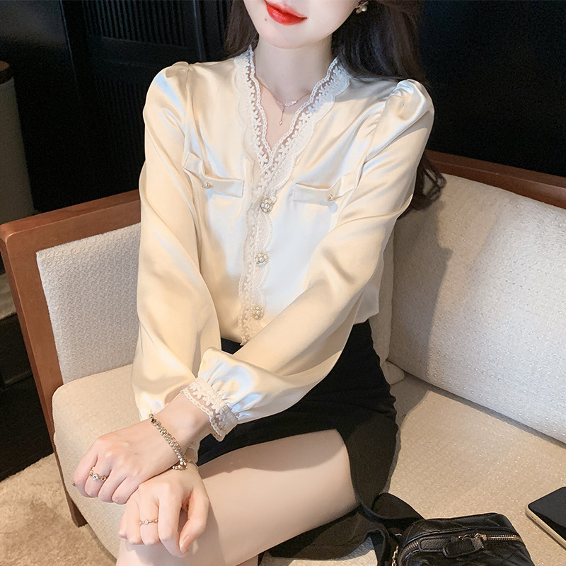 Bluză din șifon pentru femei de primăvară cu mâneci lungi Cămașă Topuri Bluză cu decolteu în V din dantelă pentru femei Blusa Mujer Moda 2024 Cămăși Blusa H486