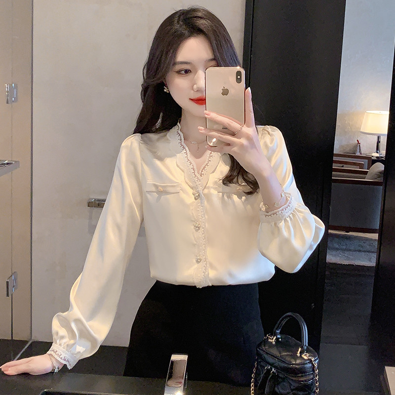 Bluză din șifon pentru femei de primăvară cu mâneci lungi Cămașă Topuri Bluză cu decolteu în V din dantelă pentru femei Blusa Mujer Moda 2024 Cămăși Blusa H486