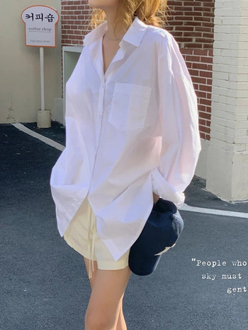 Свободна елегантна блуза Женска улична ежедневна готина бяла синя риза с джоб SL Корейски дамски ризи Harajuku със средна дължина