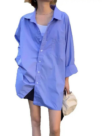 Свободна елегантна блуза Женска улична ежедневна готина бяла синя риза с джоб SL Корейски дамски ризи Harajuku със средна дължина