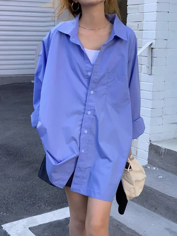 Lahtine šikk pluus Naiste tänava vabaaja lahe poiss-sõbra valge sinine särk tasku SL Korea keskmise pikkusega Harajuku naiste särgid