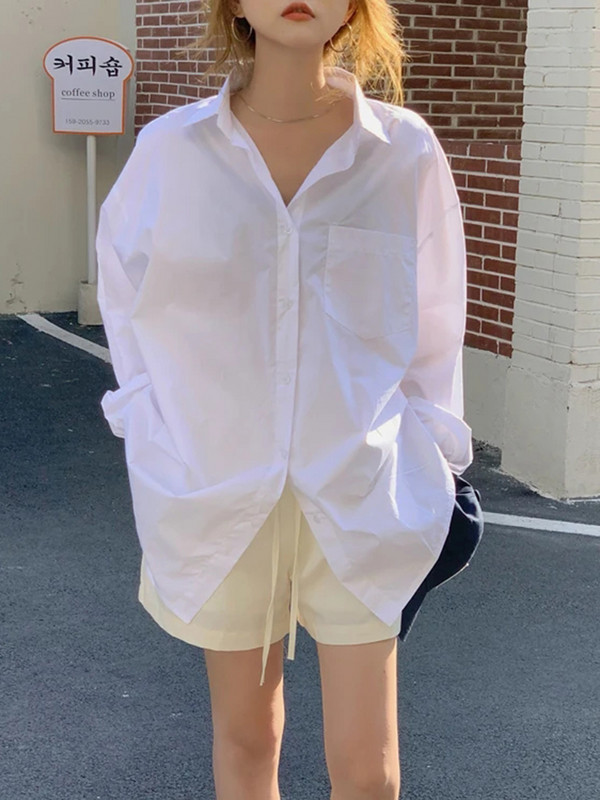 Lahtine šikk pluus Naiste tänava vabaaja lahe poiss-sõbra valge sinine särk tasku SL Korea keskmise pikkusega Harajuku naiste särgid