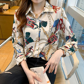 Модни дамски ризи с верижен принт Дамски блузи 2021 Пролет Есен Ризи с дълъг ръкав Топове Blusas Mujer
