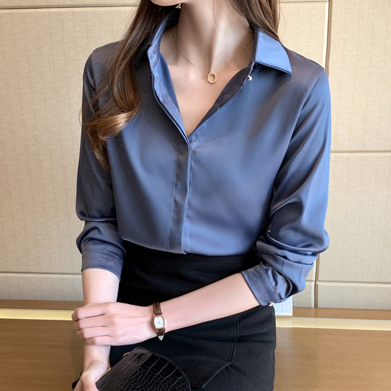 Sieviešu blūzes un krekli ar garām piedurknēm Vintage modes vienkrāsainas satīna blūzes Biroja topi Sieviešu apģērbi Blusas Mujer De Moda 2023