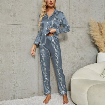 Комплект пижами Дамско спално облекло с дълъг ръкав Дамско нощно облекло с копчета Pj Комплекти Риза с принт с панталон Дамски пижами Костюми