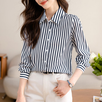 Корейска мода Винтидж Дамски шифонени блузи с дълъг ръкав 2024 Шикозно улично облекло на райета Дамски ежедневни топове Елегантни офис ризи