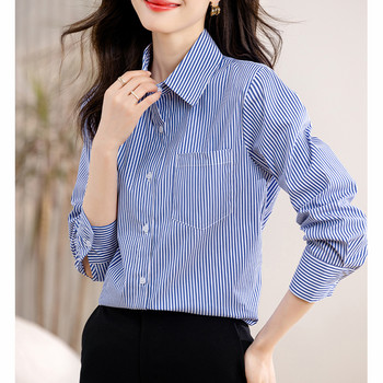Корейска мода Винтидж Дамски шифонени блузи с дълъг ръкав 2024 Шикозно улично облекло на райета Дамски ежедневни топове Елегантни офис ризи