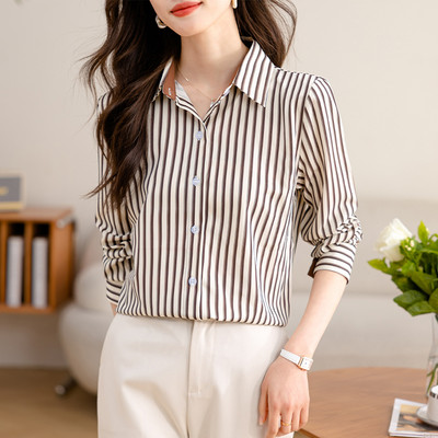 Korejske modne vintage ženske šifonske bluze dugih rukava 2024. Chic prugasta ulična odjeća Ženske ležerne majice Elegantne uredske košulje