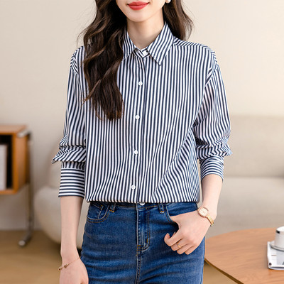 Korejske modne vintage ženske šifonske bluze dugih rukava 2024. Chic prugasta ulična odjeća Ženske ležerne majice Elegantne uredske košulje