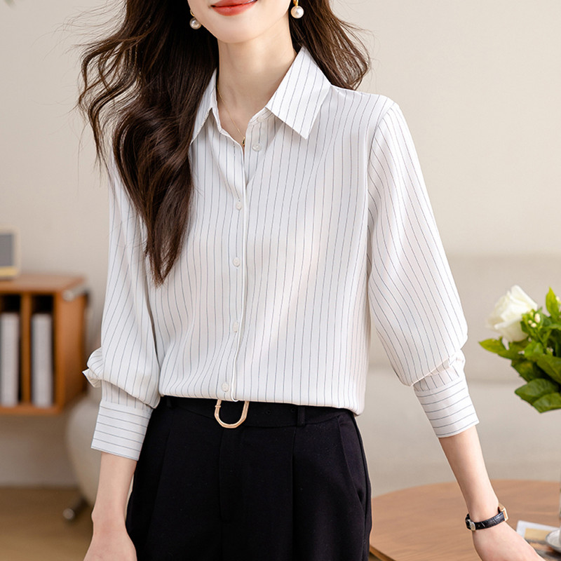 Korejske modne vintage ženske šifonske bluze dugih rukava 2024. Chic prugasta ulična odjeća Ženske ležerne majice Elegantne uredske košulje