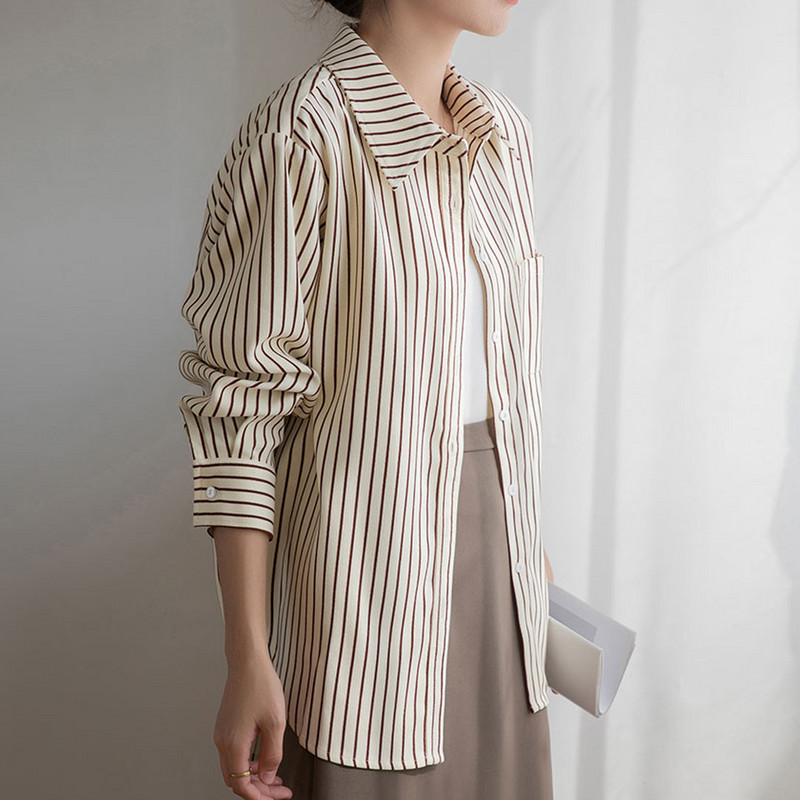 2024-es új csíkos ing női alkalmi hosszú ujjú bő blúz Női elegáns irodai női elegáns felsők Női ruházat