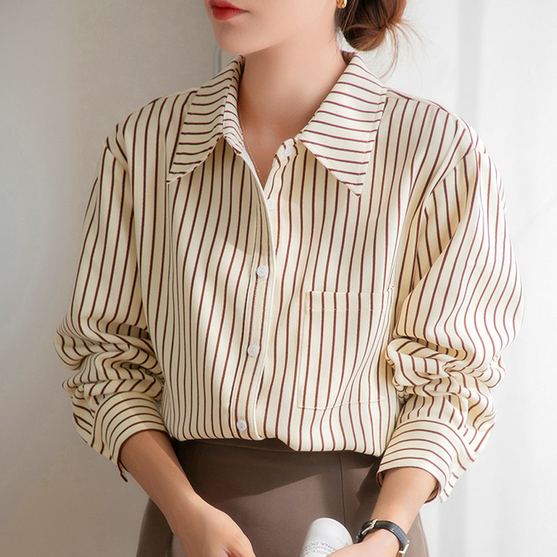 2024-es új csíkos ing női alkalmi hosszú ujjú bő blúz Női elegáns irodai női elegáns felsők Női ruházat