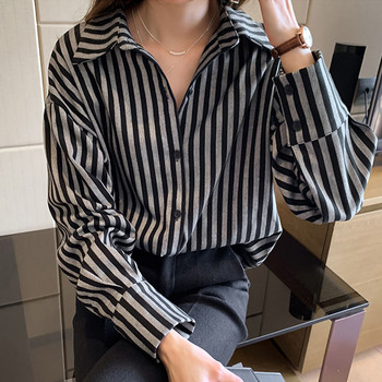 Раирана винтидж риза с обърната яка за дамска мода Пролет Есен Ежедневна универсална блуза с дълъг ръкав и едноредно закопчаване