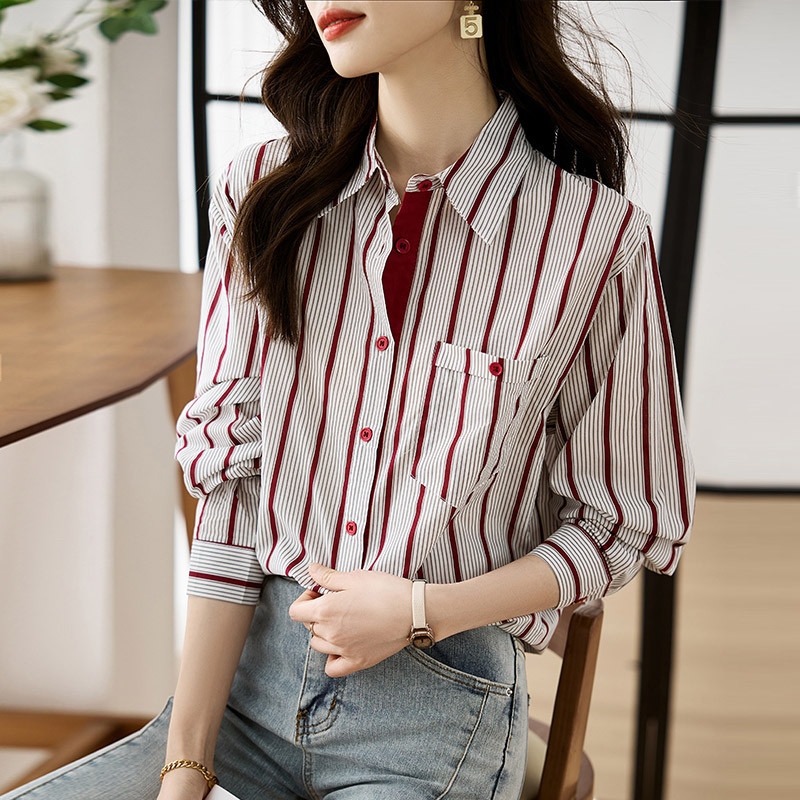 Tavaszi női divatos csíkos zsebek ingek divatos egyszerű, mindenhez illő felső elegáns, hosszú ujjú, laza alkalmi ing 2024