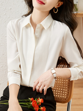 Модна, елегантна офис дамска блуза, дамска шикозна бяла риза с ревери и дълъг ръкав, официална риза в корейски стил, дамски базови блузи
