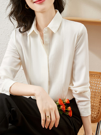 Модна, елегантна офис дамска блуза, дамска шикозна бяла риза с ревери и дълъг ръкав, официална риза в корейски стил, дамски базови блузи