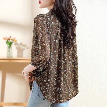 Дамски ретро флорални щампи, едноредни ризи в корейски стил, широки блузи с 3/4 ръкави, ежедневни нередовни шикозни горнища от шифон Blusa