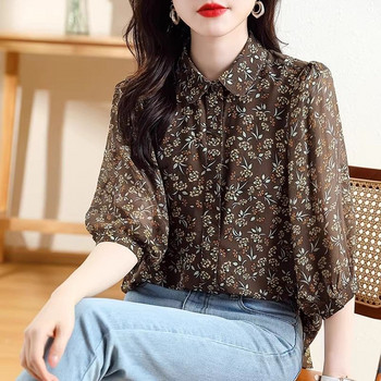 Дамски ретро флорални щампи, едноредни ризи в корейски стил, широки блузи с 3/4 ръкави, ежедневни нередовни шикозни горнища от шифон Blusa