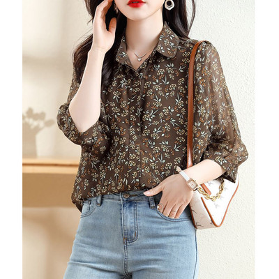 Sieviešu vintage ziedu apdrukas krekli ar vienrindu korejiešu stila 3/4 piedurknēm brīvas blūzes Ikdienas neregulāri šifona topi Blusa