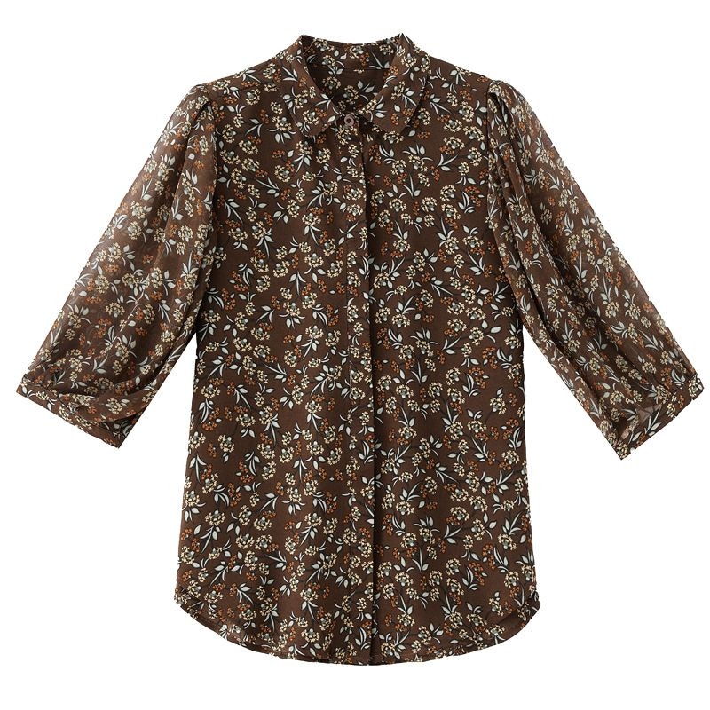 Sieviešu vintage ziedu apdrukas krekli ar vienrindu korejiešu stila 3/4 piedurknēm brīvas blūzes Ikdienas neregulāri šifona topi Blusa