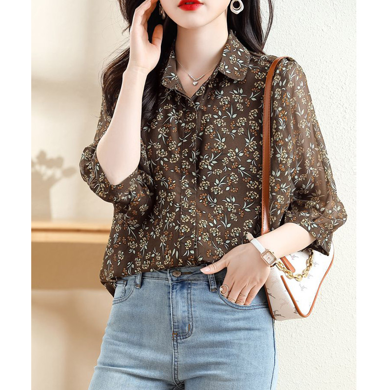 Sieviešu vintage ziedu apdrukas krekli ar vienrindu korejiešu stila 3/4 piedurknēm brīvas blūzes Ikdienas neregulāri šifona topi Blusa