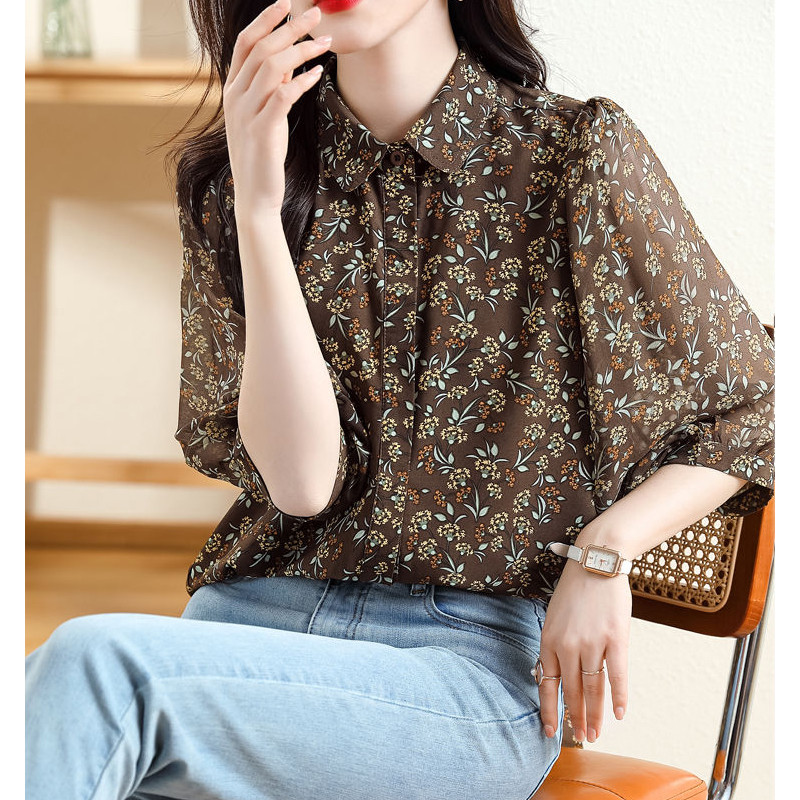 Sieviešu vintage ziedu apdrukas krekli ar vienrindu korejiešu stila 3/4 piedurknēm brīvas blūzes Ikdienas neregulāri šifona topi Blusa