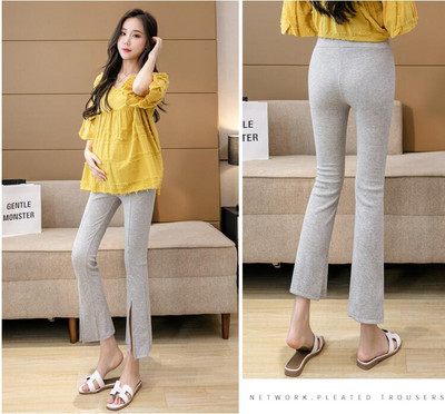 Melns pelēks ar augstu vidukli grūtniecēm Vasaras bikses līdz potītei, vēdera uzliesmojuma bikses priekšpuse, sadalīta grūtnieču zābaku griezumā