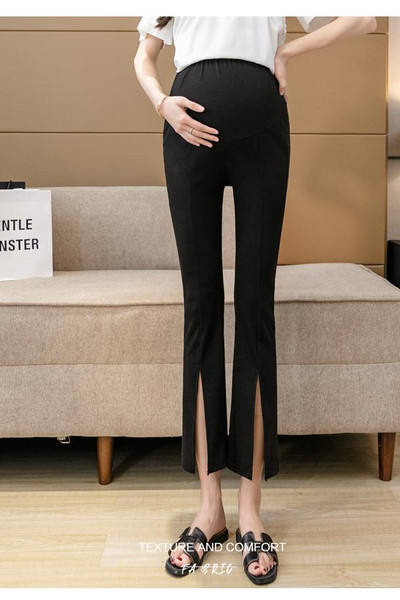 Melns pelēks ar augstu vidukli grūtniecēm Vasaras bikses līdz potītei, vēdera uzliesmojuma bikses priekšpuse, sadalīta grūtnieču zābaku griezumā