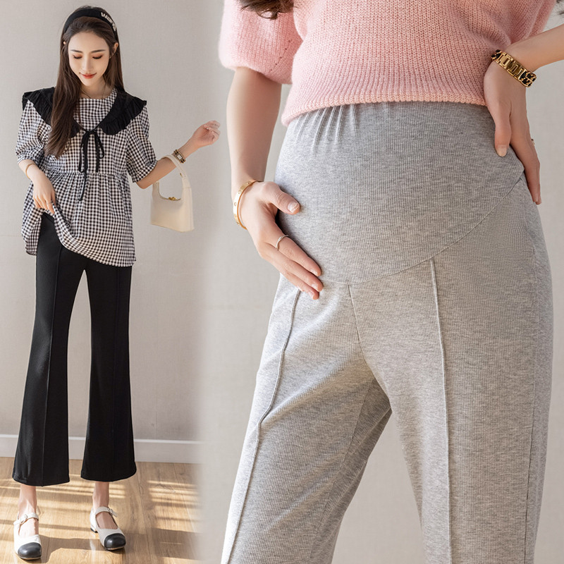 Melns pelēks ar augstu vidukli grūtniecēm Vasaras bikses līdz potītei, vēdera uzliesmojuma bikses priekšpuse, sadalīta grūtnieču zābaku griezumā