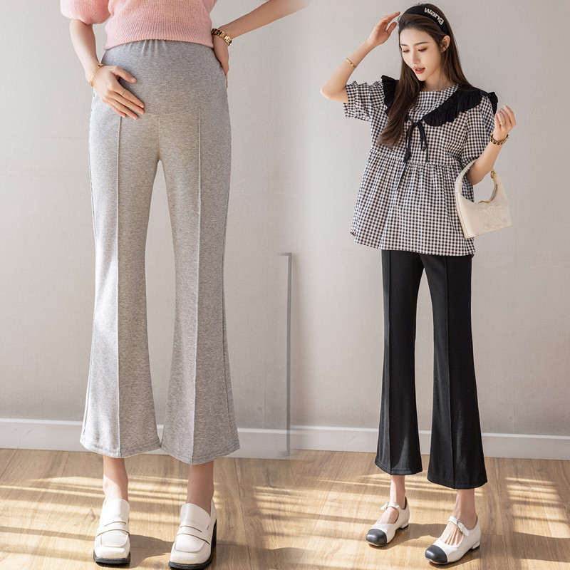 Melns pelēks ar augstu vidukli grūtniecēm Vasaras bikses līdz potītei, vēdera uzliesmojuma bikses priekšpuse, sadalīta grūtnieču zābaku griezumā