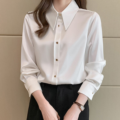 Női Egyenes szatén blúzok Irodai Lady Soft Bodycon OL Ingek Hosszú ujjú Vintage Basic felsők Alkalmi női ruházat 2024