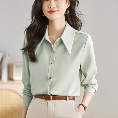 Női Egyenes szatén blúzok Irodai Lady Soft Bodycon OL Ingek Hosszú ujjú Vintage Basic felsők Alkalmi női ruházat 2024