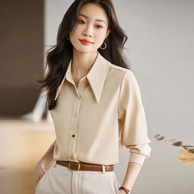 Női Egyenes szatén blúzok Irodai Lady Soft Bodycon OL Ingek Hosszú ujjú Vintage Basic felsők Alkalmi női ruházat 2024