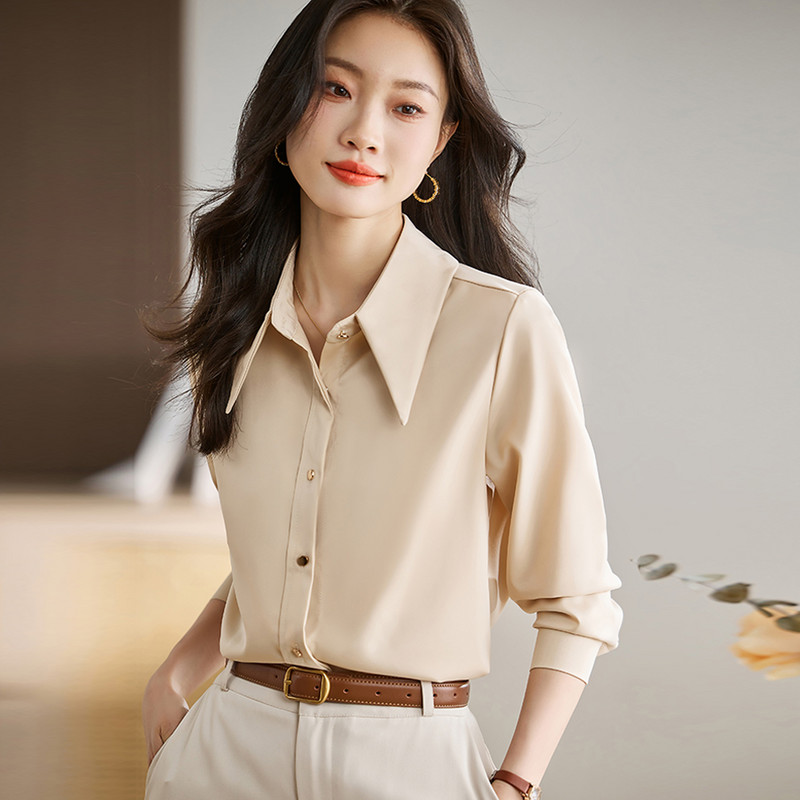 Női Egyenes szatén blúzok Irodai Lady Soft Bodycon OL Ingek Hosszú ujjú Vintage Basic felsők Alkalmi női ruházat 2024