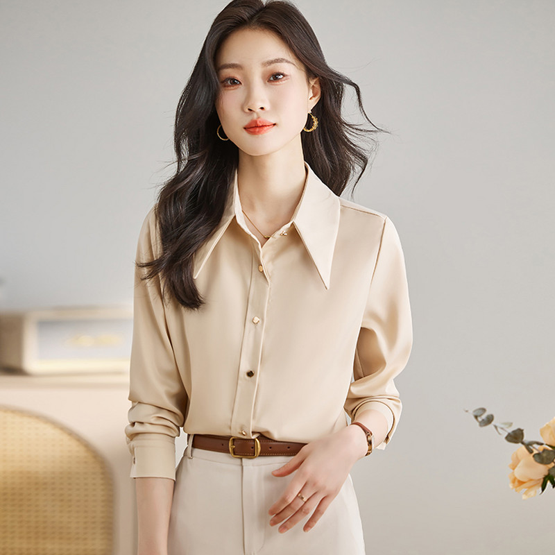 Női Egyenes szatén blúzok Irodai Lady Soft Bodycon OL Ingek Hosszú ujjú Vintage Basic felsők Alkalmi női ruházat 2024