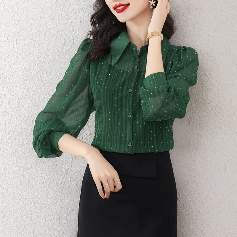 Női Vékony hálós ingek Alkalmi tavaszi nyári bő ruhák női pöttyös felsők hosszú ujjú blúz női