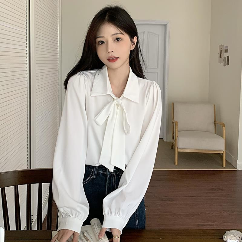 Tömör ingek Női Minimalista Baggy S-3XL Őszi Kötöző Lámpás Ujj Koreai Divat Édes Elegáns Tervező Camisas White Ins